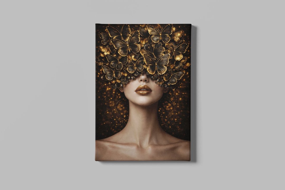 Canvas Schilderij Vlinders Vrouw – Goud Zwart – Luxe Wanddecoratie - 60 x 40 cm
