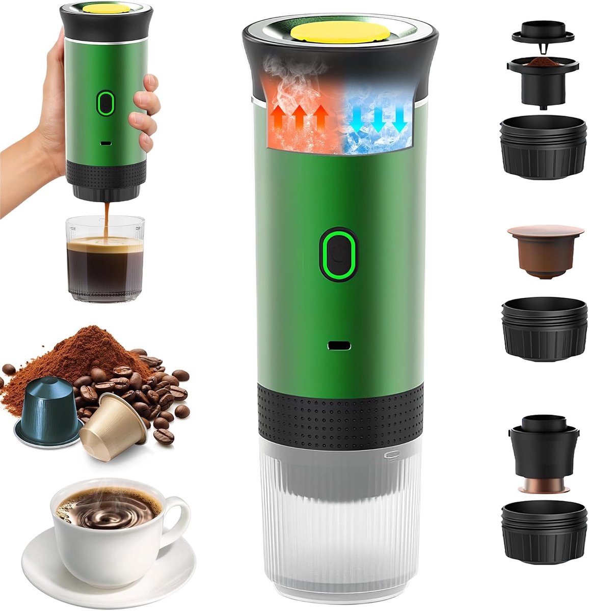 Draagbaar koffiezetapparaat, 3-in-1, elektrische espressomachine, draagbaar, snel opwarmen, voor camping, reizen, compatibel met kleine, grote capsules, gemalen koffie (groen)