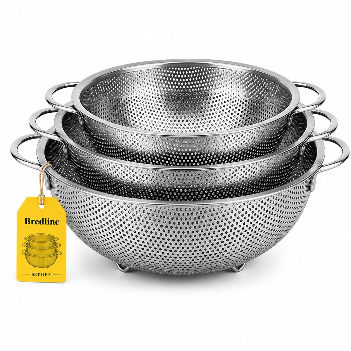 Bredline Vergieten - Vergiet RVS 3-delige Set - Ø34/Ø28/Ø22cm - Fijnmazige Zeef - Roestvrij Staal - Extra Groot - Voor Rijst, Pasta, Groenten & Fruit - Vaatwasbestendig - Stapelbaar - Zilver