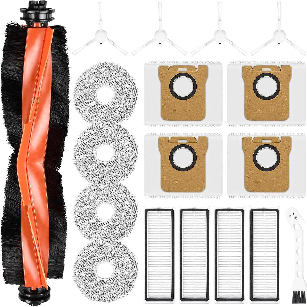 18 stuks accessoires voor Xiaomi Robot Vacuum X20+ robotstofzuiger, 1 hoofdborstel, 4 stofzakken, 4 reinigingsdoeken, 4 zijborstels, 4 filters, 1 reinigingsborstel