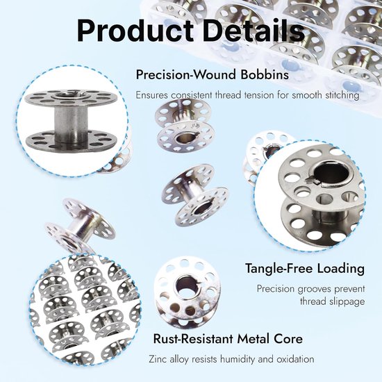 Dailygoods- Spoelen Set van 36 - Universele Metalen Spoelen - Naaimachine-accessoires - Opbergdoos - Compatibel met Standaard Naaimachines - Ideale Maten — afbeelding 5