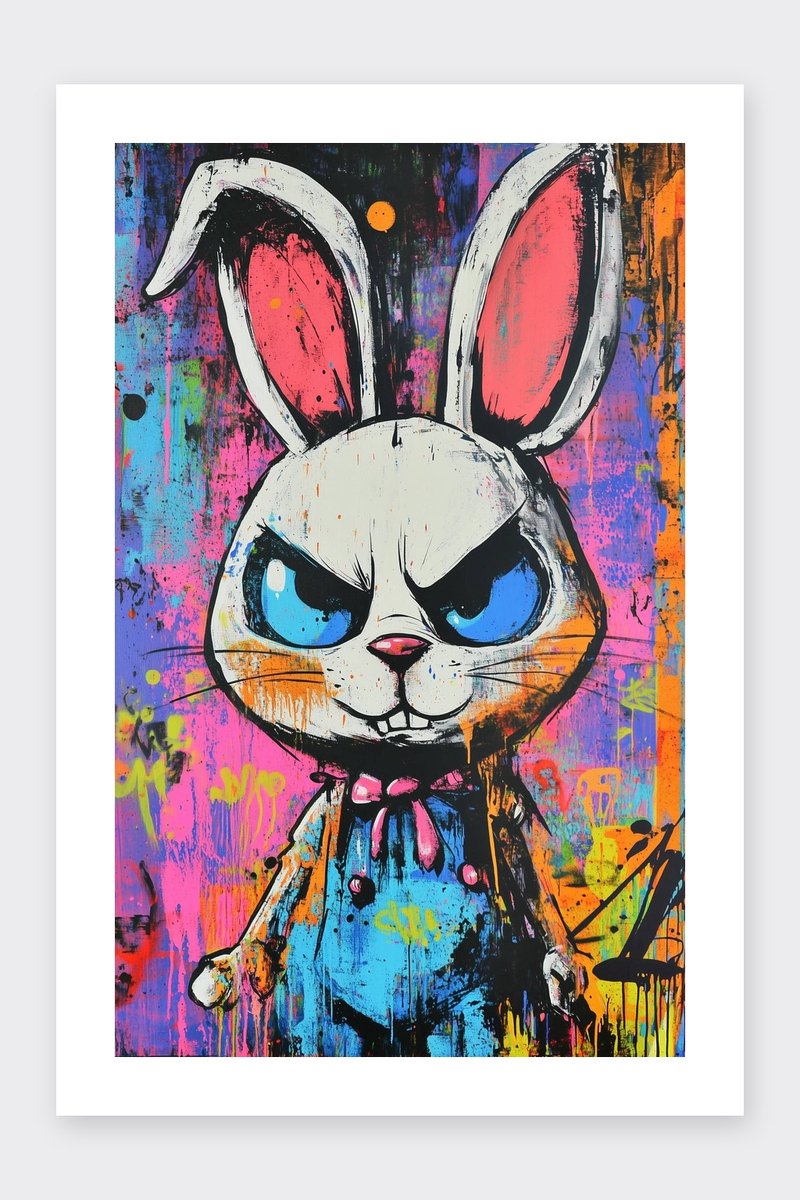 Boze Konijn Poster - Konijn - Graffiti - Street Art - Urban - Hiphop - Kleurrijk - Kunst - posters - formaat 30x40cm - Wanddecoratie - BXS5249BY - Met kader - passe-partouts stijl
