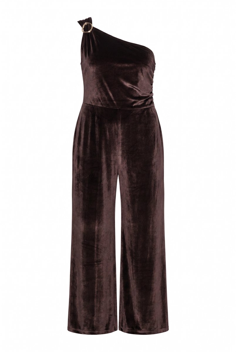 Ulla Popken - Dames - Fluwelen jumpsuit one shoulder siergesp wijde pijpen - Chocolade - Maat 48