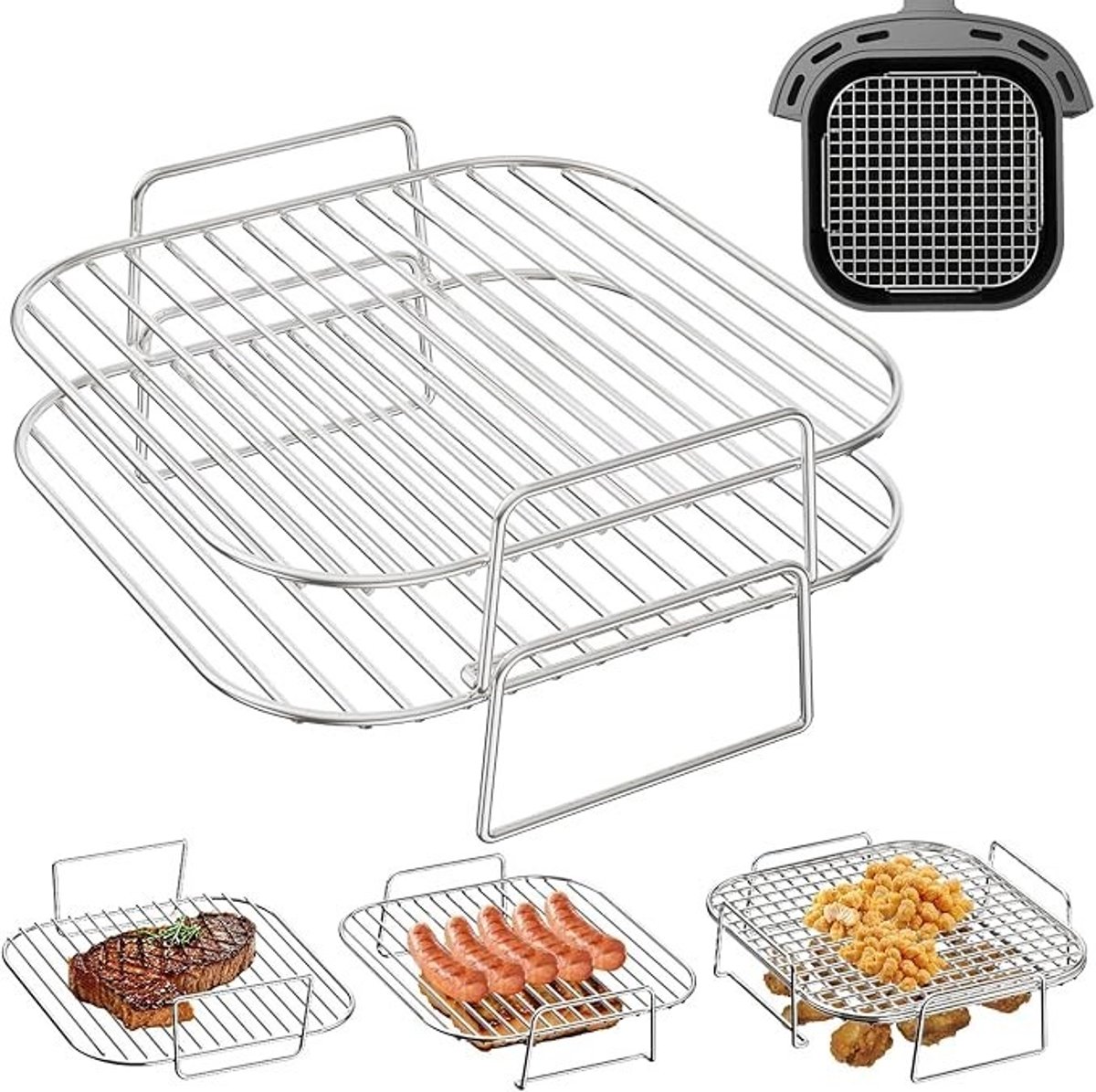 PolkaHome Stapelbaar Grillrooster voor Airfryer, 2 stuks, Roestvrij Staal, 20,5 cm