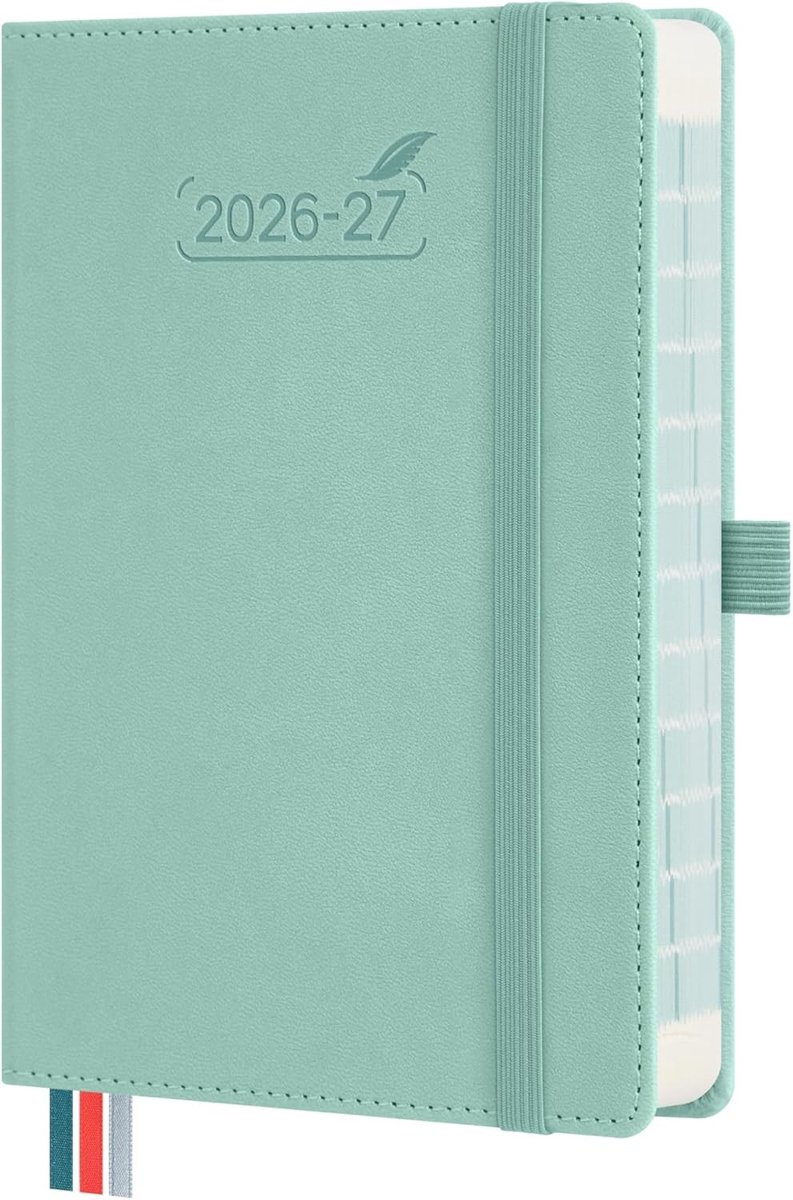 Schoolagenda 2026 2027 meisje - Mintgroen - 17 x 12 cm - PU leren hardcover dagplanner met tijdlijn