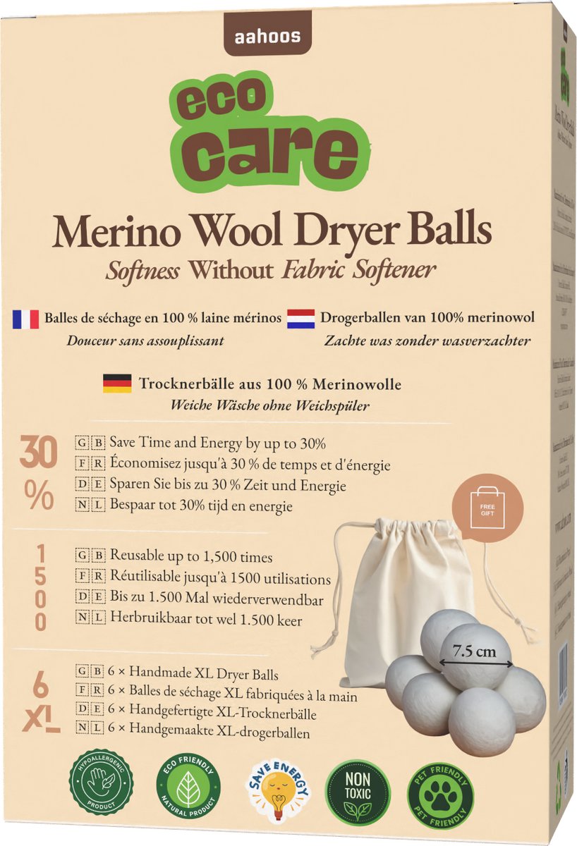 AAHOOS ECOCARE - XL Drogerballen 6 Stuks - 100% Merinowol - Handgemaakt - Herbruikbaar