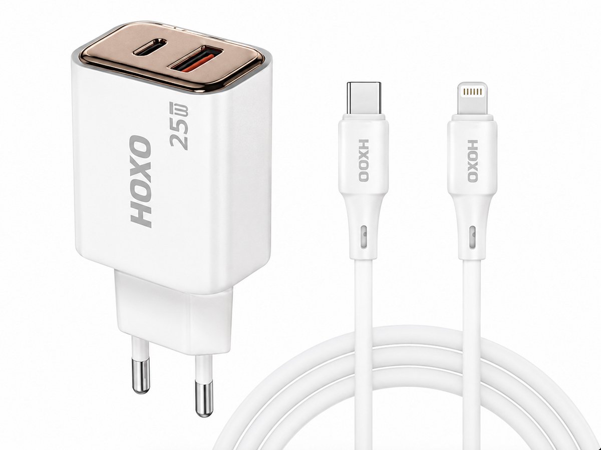 HOXO 25W GaN Snellader USB-C + USB-A met USB-C naar 8-Pin Kabel - Geschikt voor Apple iPhone - Wit