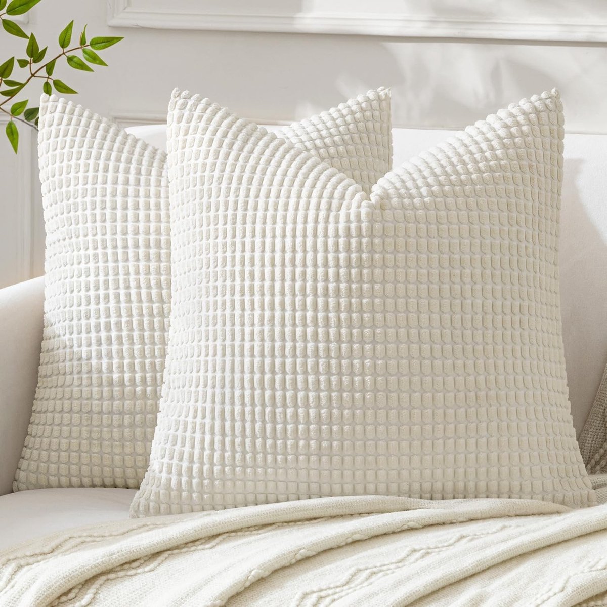 Gestreepte Corduroy Kussenhoezen voor Bank en Slaapkamer - Decoratieve Kussenslopen 14x14 inch, Set van 2 in Crèmekleur