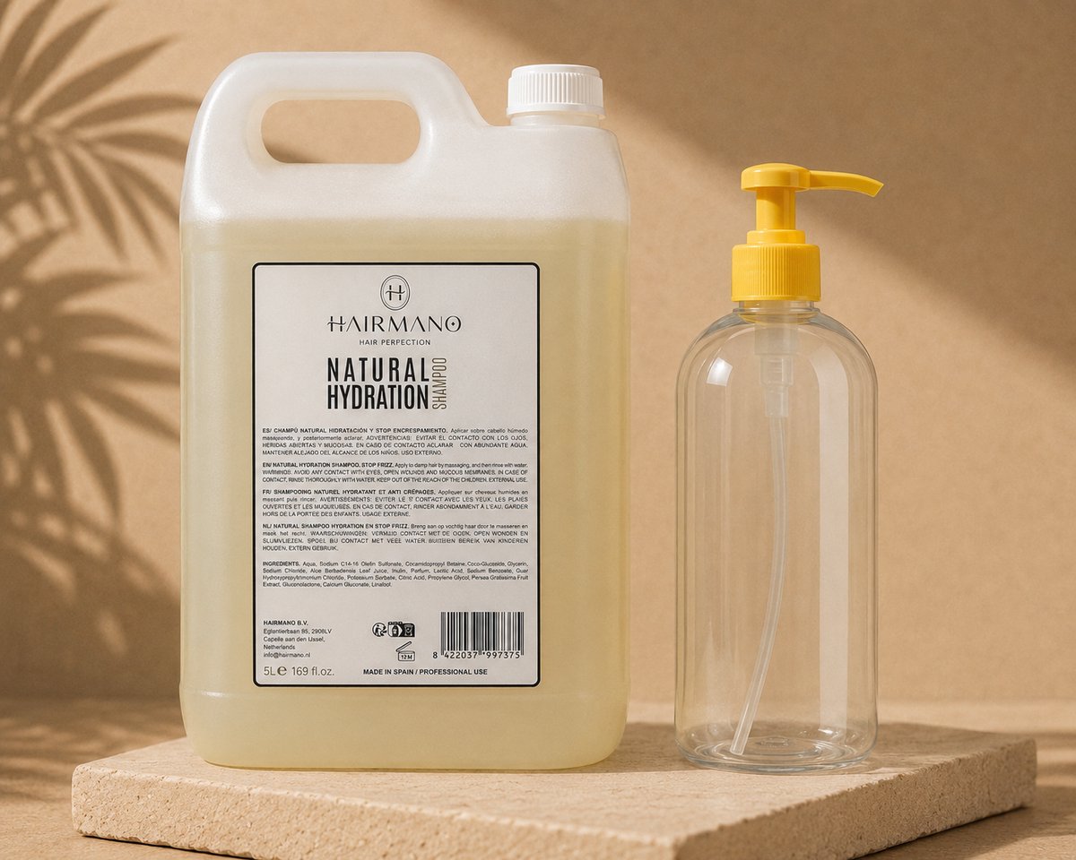 Hairmano Natural Hydration Shampoo 5L + Navulbare Pompflacon 500 ml – Hydraterende Shampoo – Anti-Frizz – Met Aloë Vera, Inuline & Avocado – Siliconenvrij