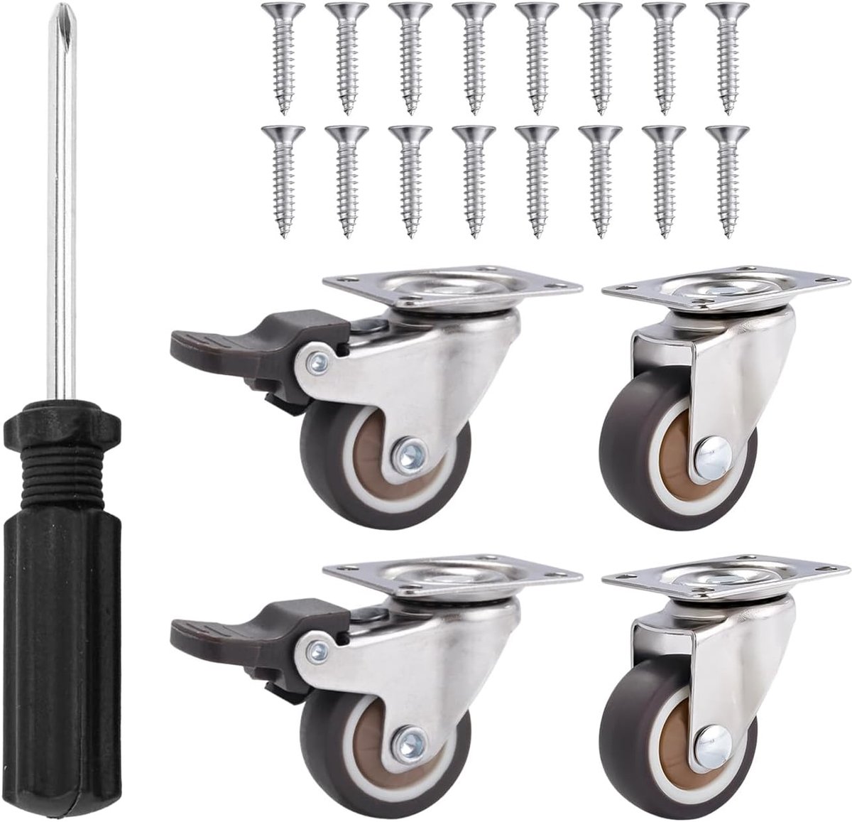 Stille meubelrollen - 4 stuks - met mini kruiskopschroevendraaier - zilver
