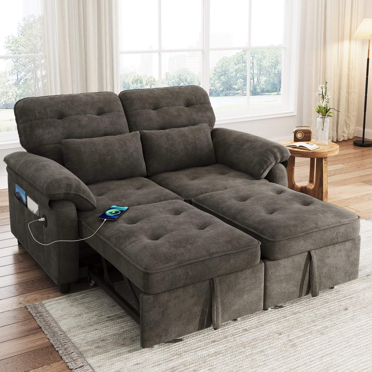 3-In-1 Dubbele Slaapbank, 2-Zits Bank, Opvouwbare Bank Met Verstelbare Rugleuning En Bedfunctie, Converteerbare Bank, Chenille, Grijs