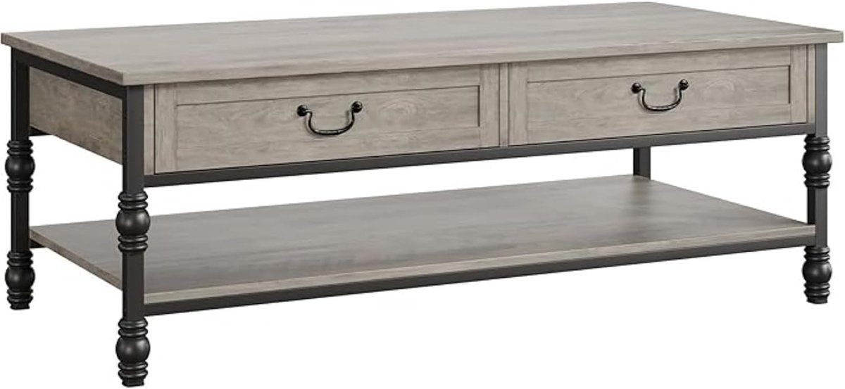 Triumpunpre Houten salontafel met 2 opberglades- woonkamertafel met open blad- dressoir in industriële stijl- bijzettafel- PB- grijs