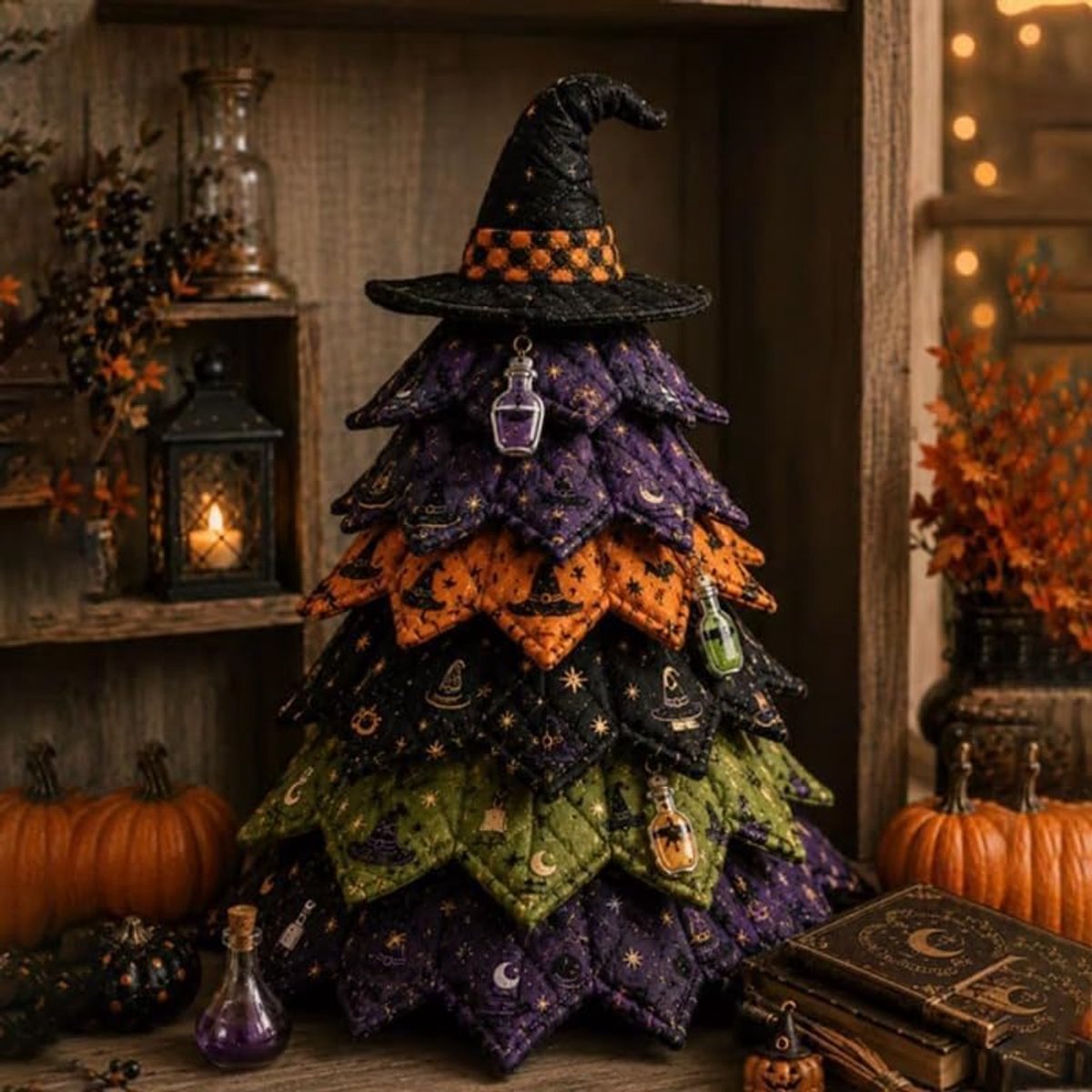 Halloween Knutselpakket – Patchwork Boom met Vulling – 20x11 cm – Zelf Naaien – Voor Tafel & Vensterbank – Herfstdecoratie