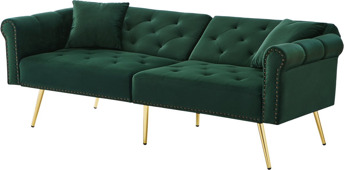 MUVANO 2-Zits Slaapbank - Antiek Groene Fluwelen Bank - Met Verstelbare Rugleuning - Gouden Metalen Poten - 173x75x70 cm - Slaapfunctie - Woonkamer Antiek Groen