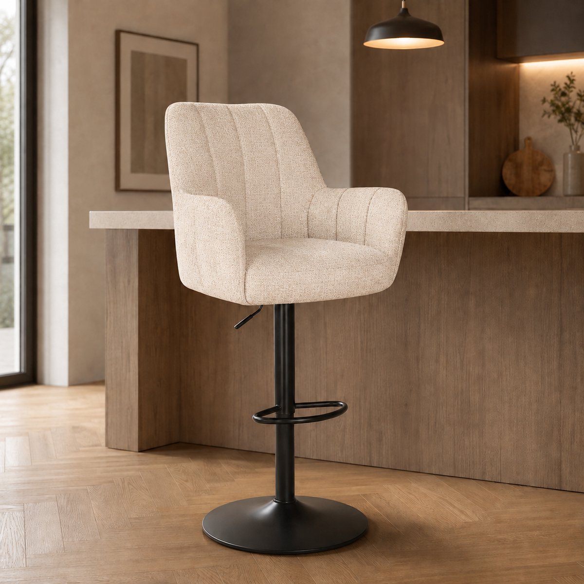 Barstoel William – Luxe Verstelbare Barkruk – Cremona Stof – 360° Draaibaar - Beige