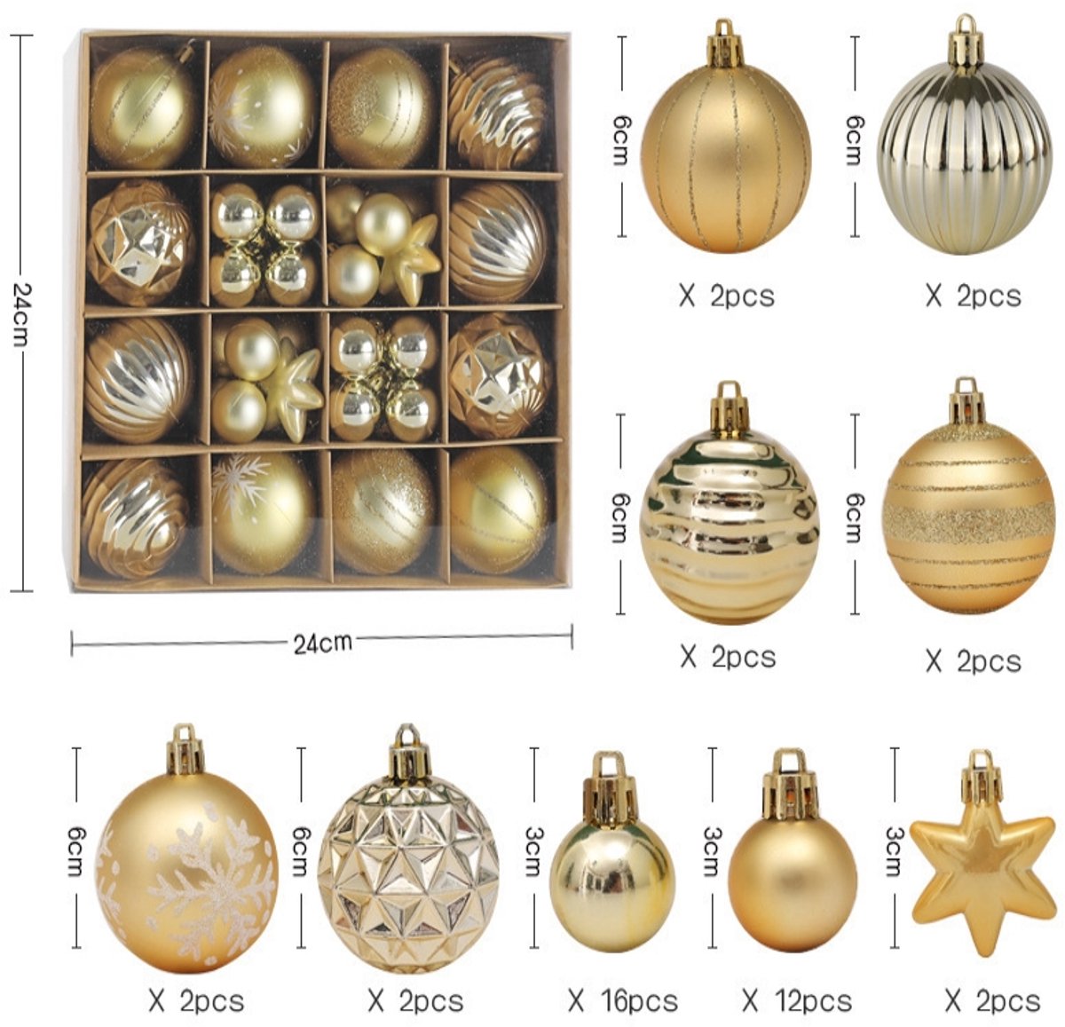 Casalola – 42-delige kerstballenset – Kerstboomversiering – Feestelijke decoratieve ballen – 3 cm en 6 cm – Decoratie voor woonkamer en slaapkamer – Feestartikelen – Cadeaus