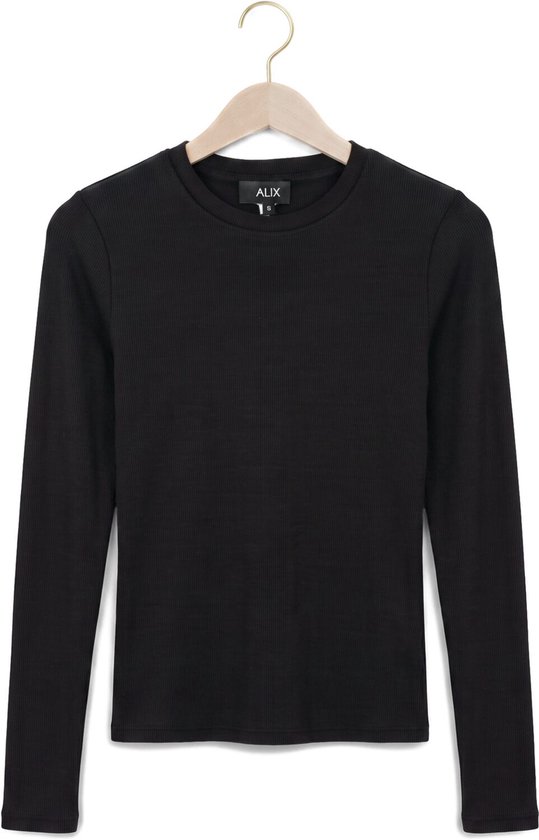 Zwarte, nauwsluitende ribgebreide longsleeve met label 'ALIX'.