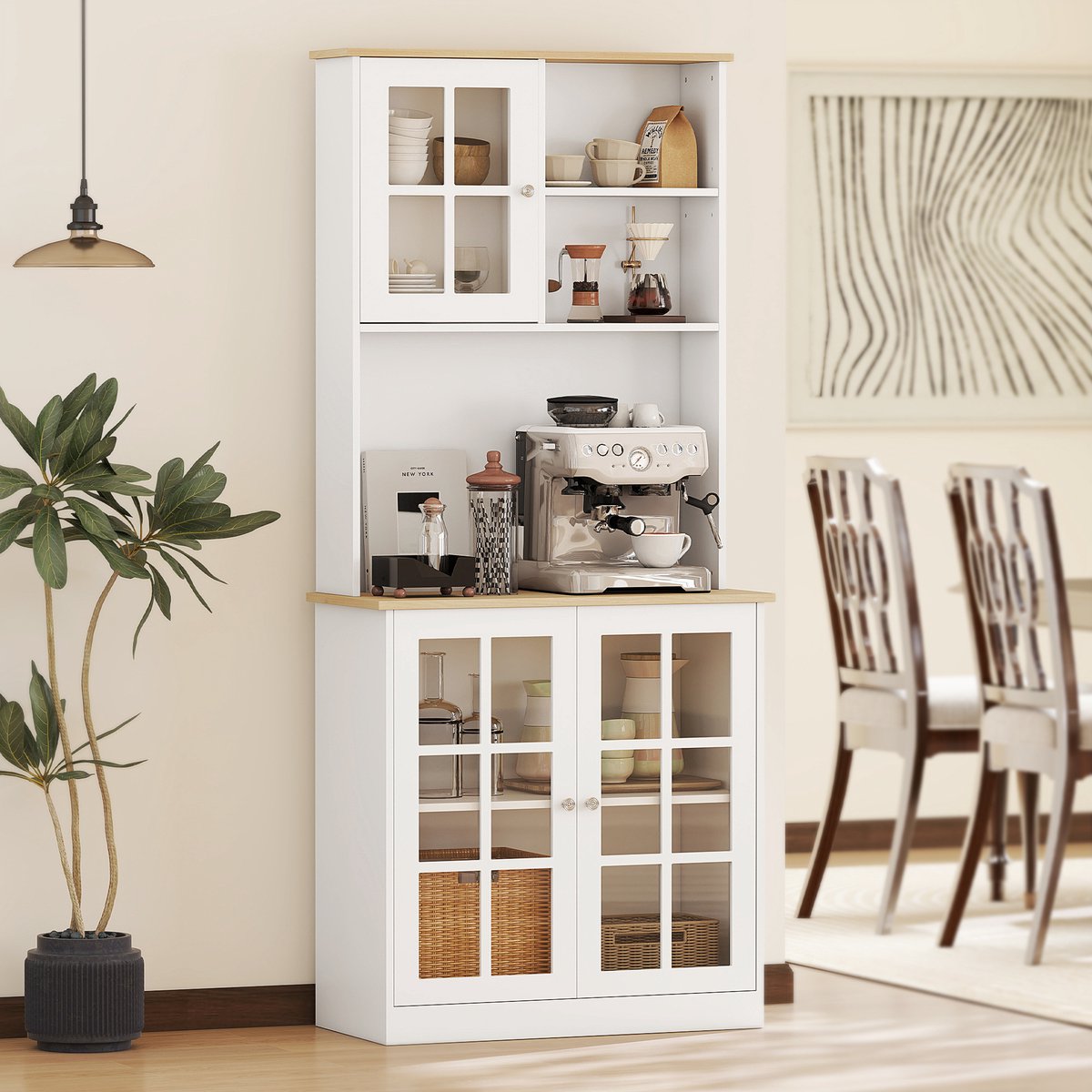 AURA LUMEN-Buffetkast-Buffet Keuken met Glazen Deuren-Wit Houten Kast met Aanrechtblad-3 Deuren-2 Verdiepingen
