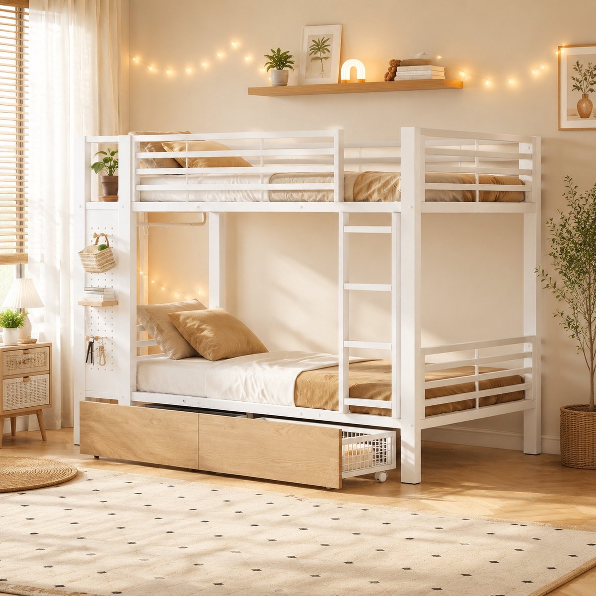 REDOM - Stapelbed - 90 x 200 cm - Met lades en kledingstang - Met LED-verlichting - Moderne stijl - Slaapkamer - Metaal en MDF - Wit - 231,5 x 95,5 x 166 cm