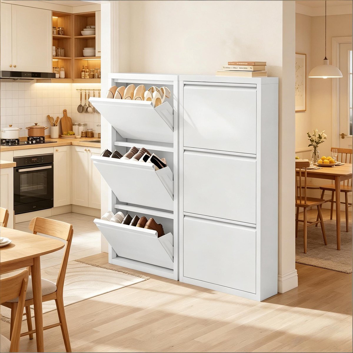 REDOM - Schoenenkast - Smal ontwerp met 3 kleppen - Opbergruimte voor 9 paar schoenen - Modern - Hal - Metaal - Wit - 50 x 106 x 15 cm