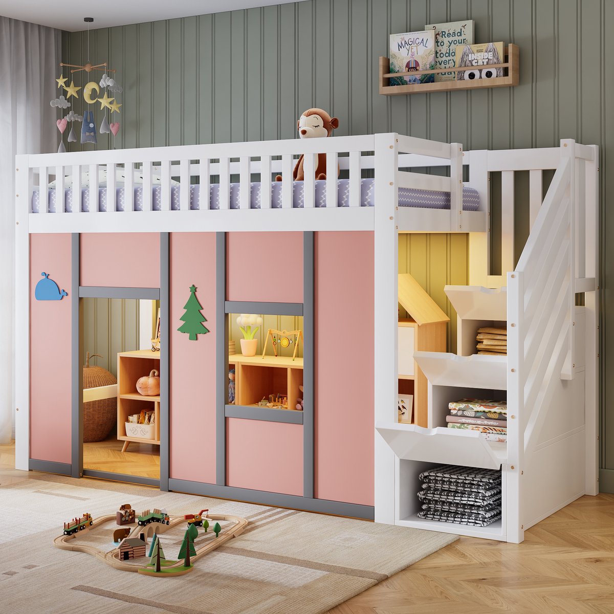 REDOM - Halfhoogslaper voor kinderen - Stauraumtreppe en uitvalbeveiliging - LED-verlichting en speelruimte - Speels voor kinderkamer - Hout en MDF - Wit en Roze - 252,5 x 95 x 142 cm