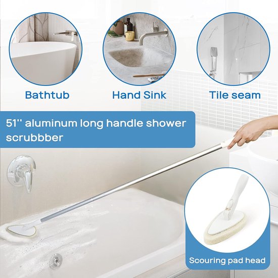 Douche Reinigingsborstel - Badkamer Scrubber - Hygiënisch Schoonmaken - Verstelbaar Lange Handvat - 130 cm - Wit — afbeelding 2