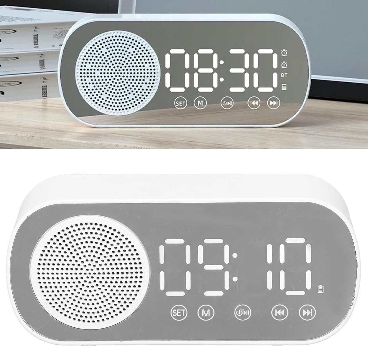 KZQ Wekkerradio met Bluetooth - Digitale spiegelklok met FM, dual alarm en 1600mAh batterij - Voor slaapkamer, nachtkastje - WIT