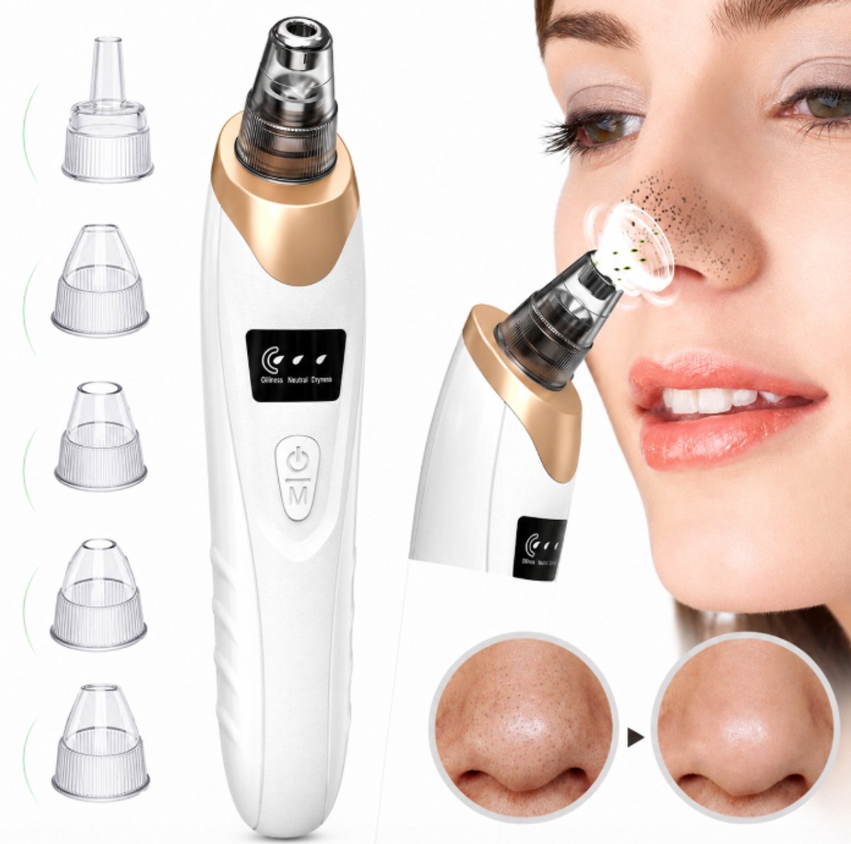 Elektrische Mee-eter Verwijderaar - Vacuüm Porie Reiniger met 5 Opzetstukken - USB Oplaadbare Blackhead Remover voor Gezicht - Goud