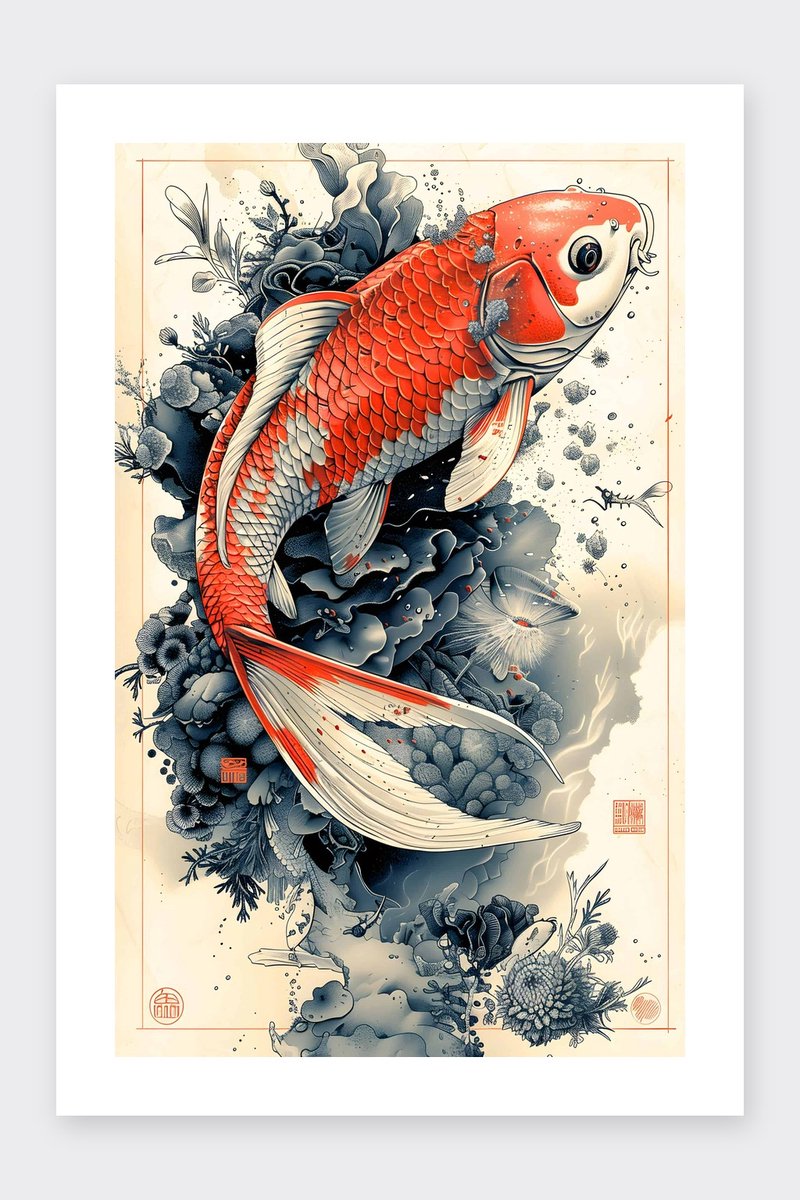 Koi Poster - Natuur - Dier - Vissen - Waterkunst - Decoratie - posters - formaat 30x40cm - Wanddecoratie - BXS4029MT - Met kader - passe-partouts stijl