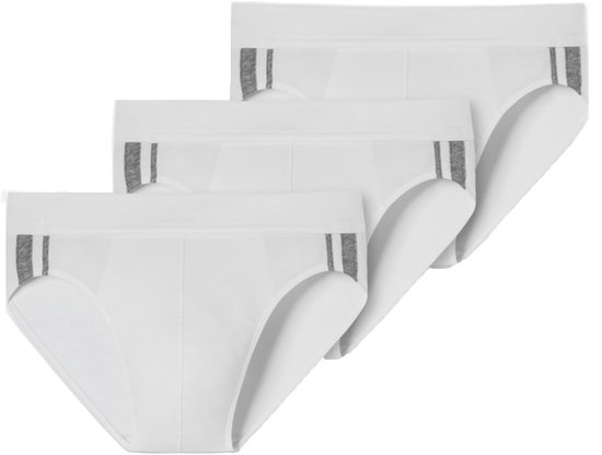 Drie witte Schiesser rio slips met grijze strepen op de tailleband.