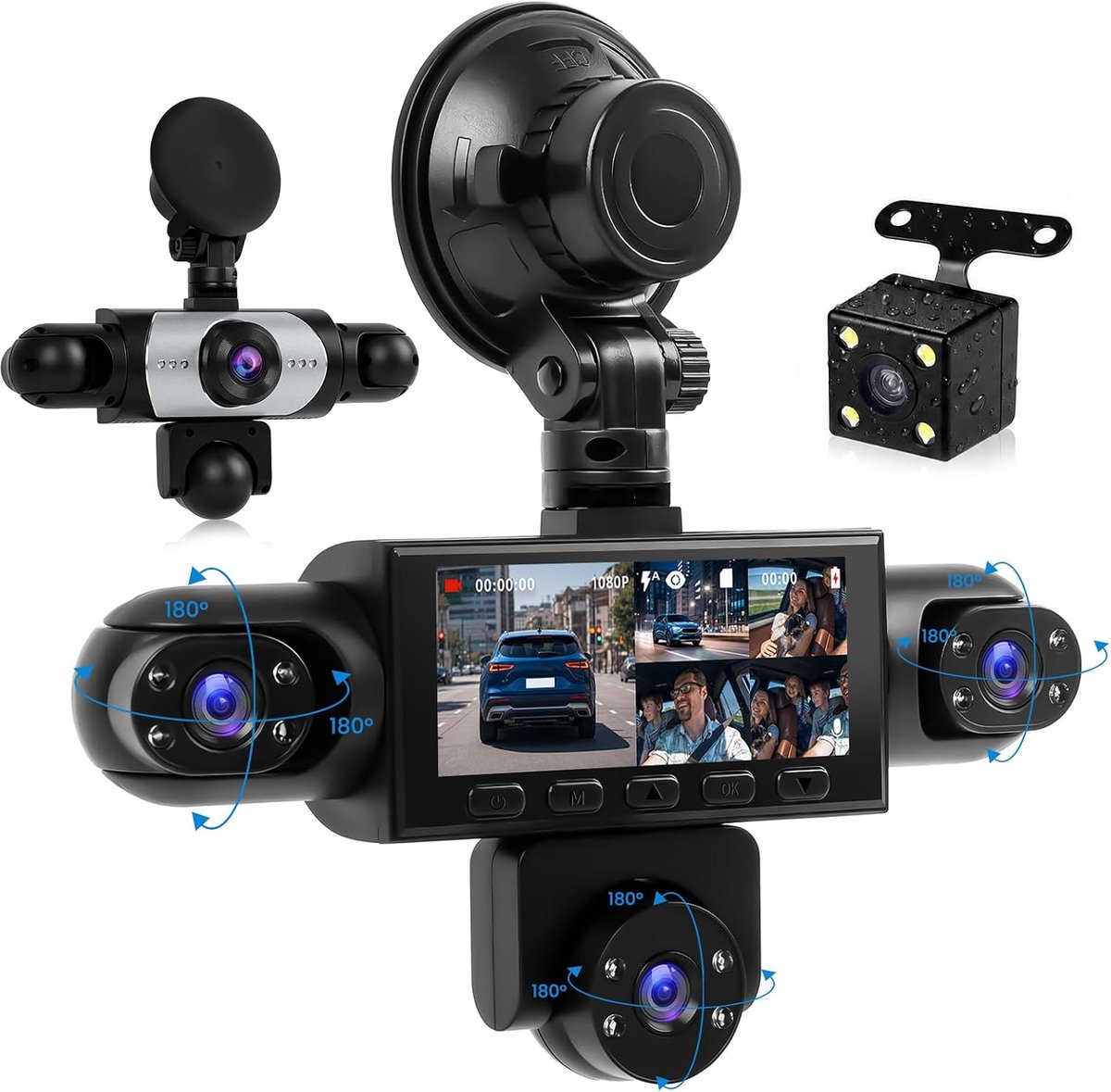 360° Dashcam voor Auto, 5 Camera's 1080P met 3-inch Scherm, voor-, achter-, binnen- en zijcamera's, Loop-opname, Nachtzicht, Bewegingsdetectie, 24-uurs Parkeermodus en Achteruitrijhulp