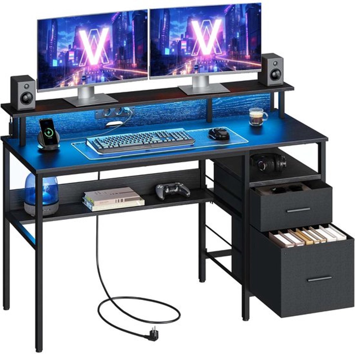 Bureau Computerbureau Zwart 55 x 135 x 90 cm, Bureau met Stopcontacten en USB, Monitorstandaard, LED Verlichting, Opbergruimte, Lades, Gaming Bureau, Thuiswerkplek, Schrijftafel, Metalen Frame, Multifunctioneel, Kantoor, Slaapkamer thumbnail 5