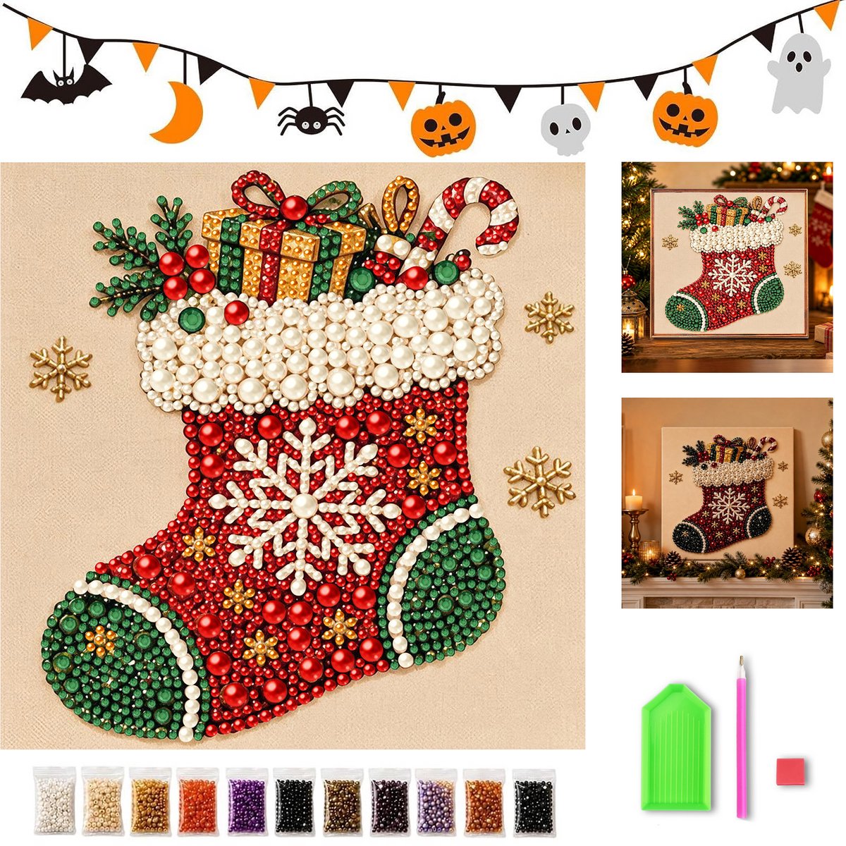 KZQ 3D Parelkunst DIY Set - Kerstkous - 20x20 cm - Beginnersvriendelijk - Complete Set Met Parels & Gereedschap - Kerst Wanddecoratie
