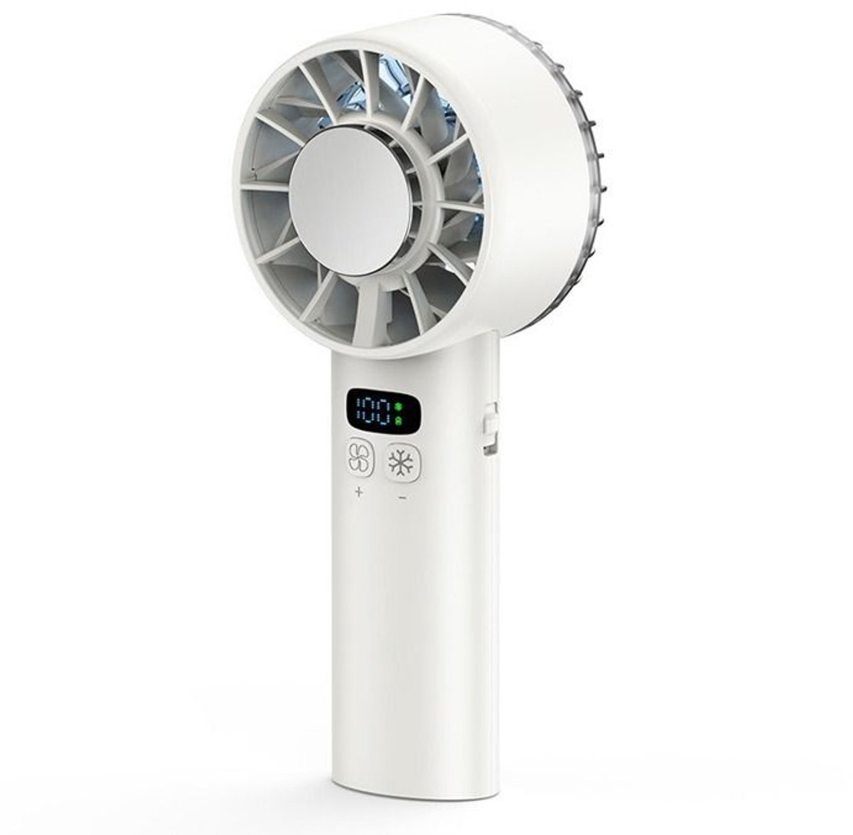 Draagbare mini-USB-bureauventilator met 100 windsnelheden en LED-display, ideaal voor op reis.