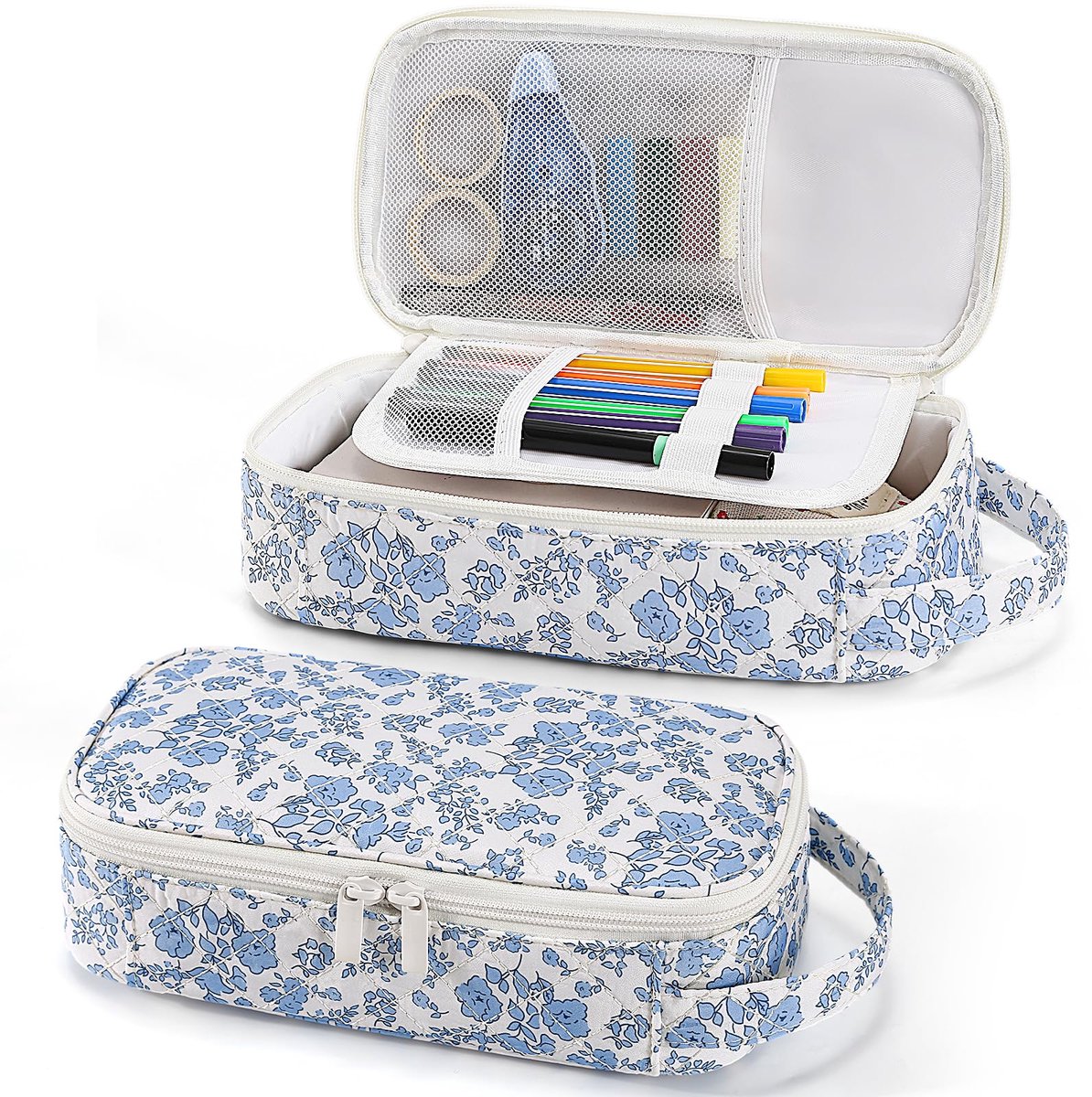 Casalora® Pennenetui – Bloemen Quilted Etui voor Meisjes – Grote Multi-Vakken Pennenzak met Handvat – Stationery Organizer voor School, Reizen en Dagelijks Gebruik – Blauw