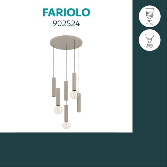De Fariolo hanglamp, model 902524, in zandkleur met vijf lichtpunten, geschikt voor E27 en GU10 fittingen.