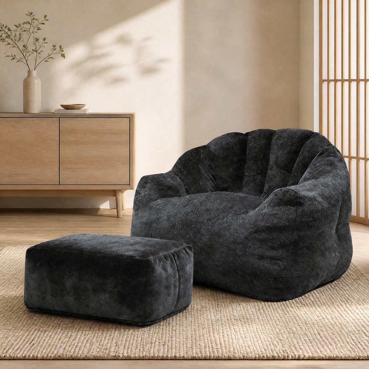 MODFU-Fauteuil-Loungestoel-Ottoman-Zwart-Stof-Volwassenen