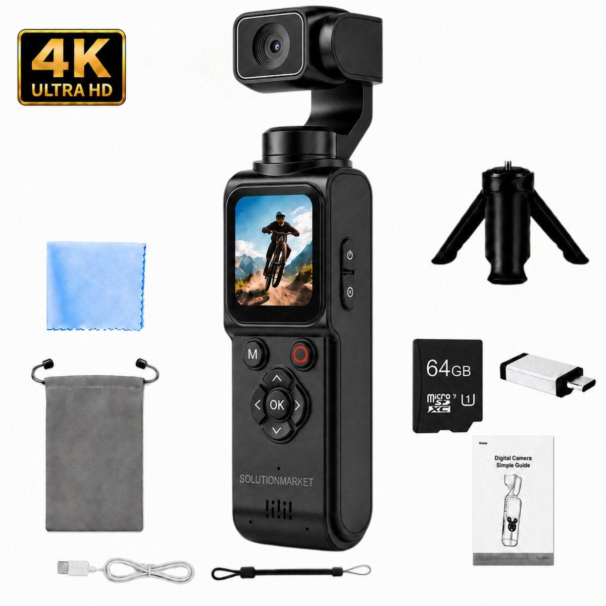 SolutionMarket® Pocket Camera 4K Ultra HD - Action Camera met 330° Draaibare Lens - Vlogcamera - 64MP - Gezichtstracking - WiFi - Touchscreen - 64GB SD-Kaart - USB-Kaartlezer