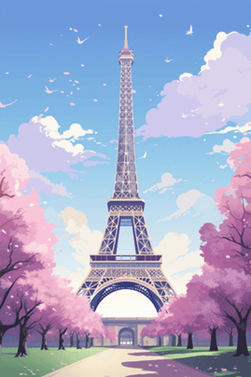 Parijs Poster - Loofbomen - Eiffeltoren - Aquarel - Stad - posters - formaat 70x100cm - Wanddecoratie - L1477BY
