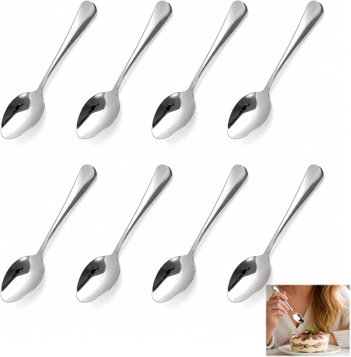 Set van 8 elegante dessertlepels van roestvrijstaal met spiegeleffect, ideaal voor cake, yoghurt en ijs, vaatwasmachinebestendig, perfect voor elke gelegenheid
