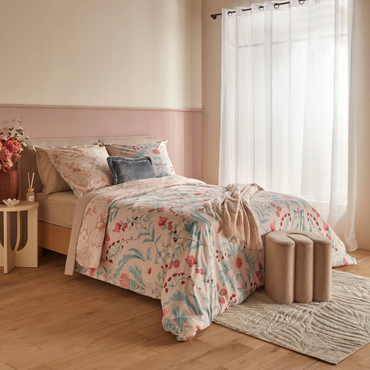 3-delige, omkeerbare katoenen beddenset met bloemmotieven