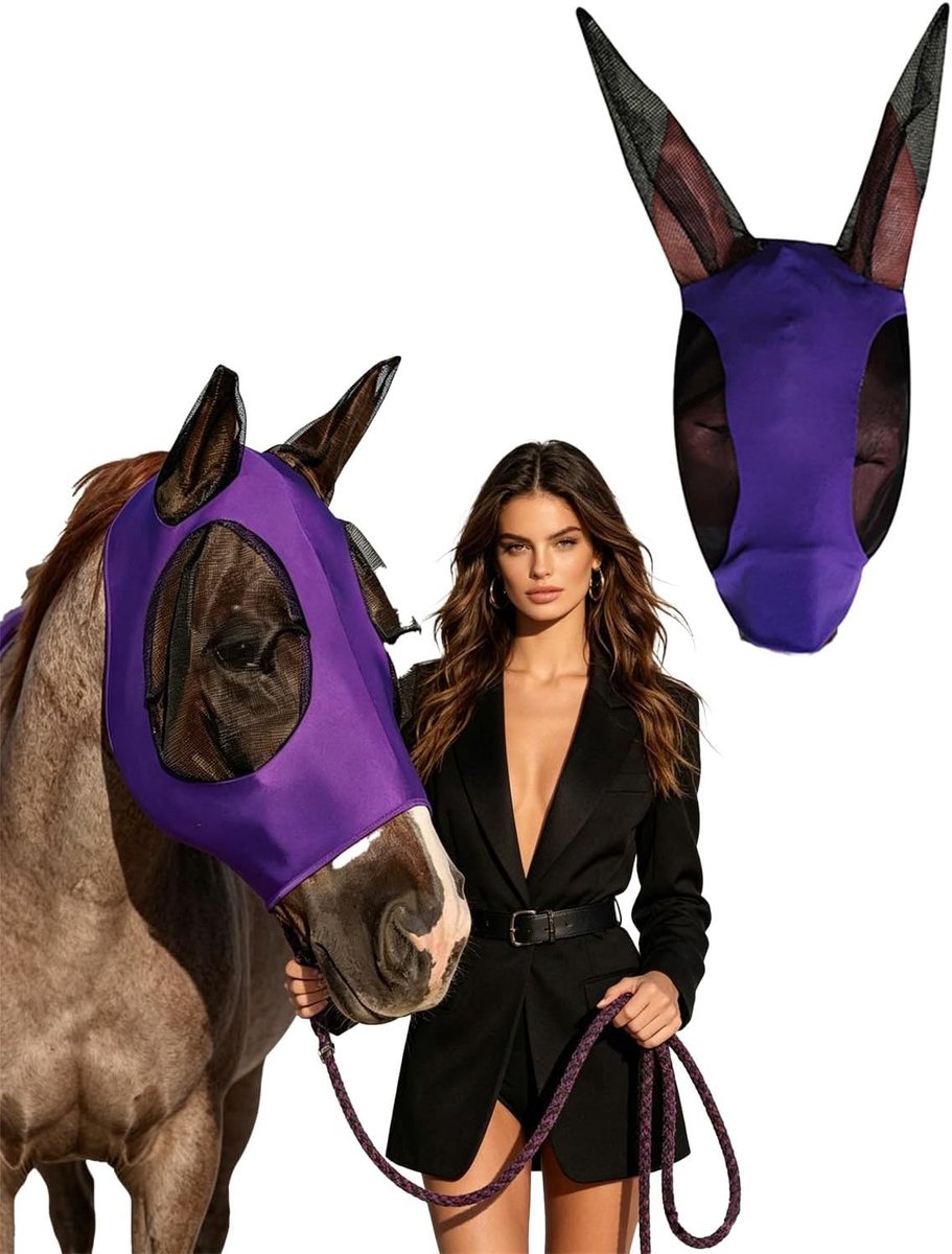 Paardenvliegmasker met Oren en Opening, Elastisch Materiaal, Lichtgewicht, UV-bescherming, Ideaal voor Buitenactiviteiten