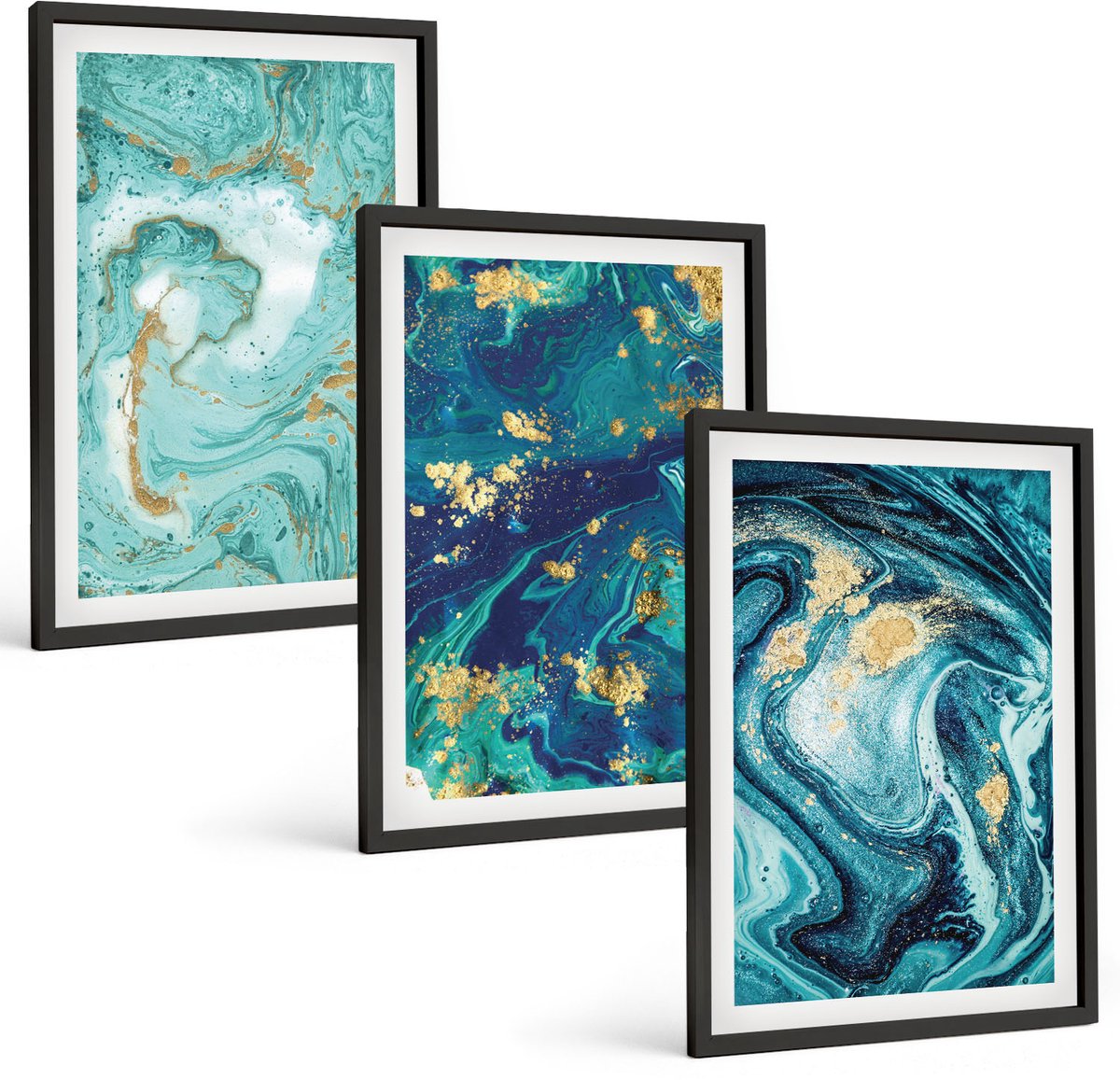Coloray 3-Delige Schilderij Set - Turquoise Abstractie Van Gemorste Verf - 40 x 60 cm - Schilderijen Set - Wanddecoratie - Woonkamer