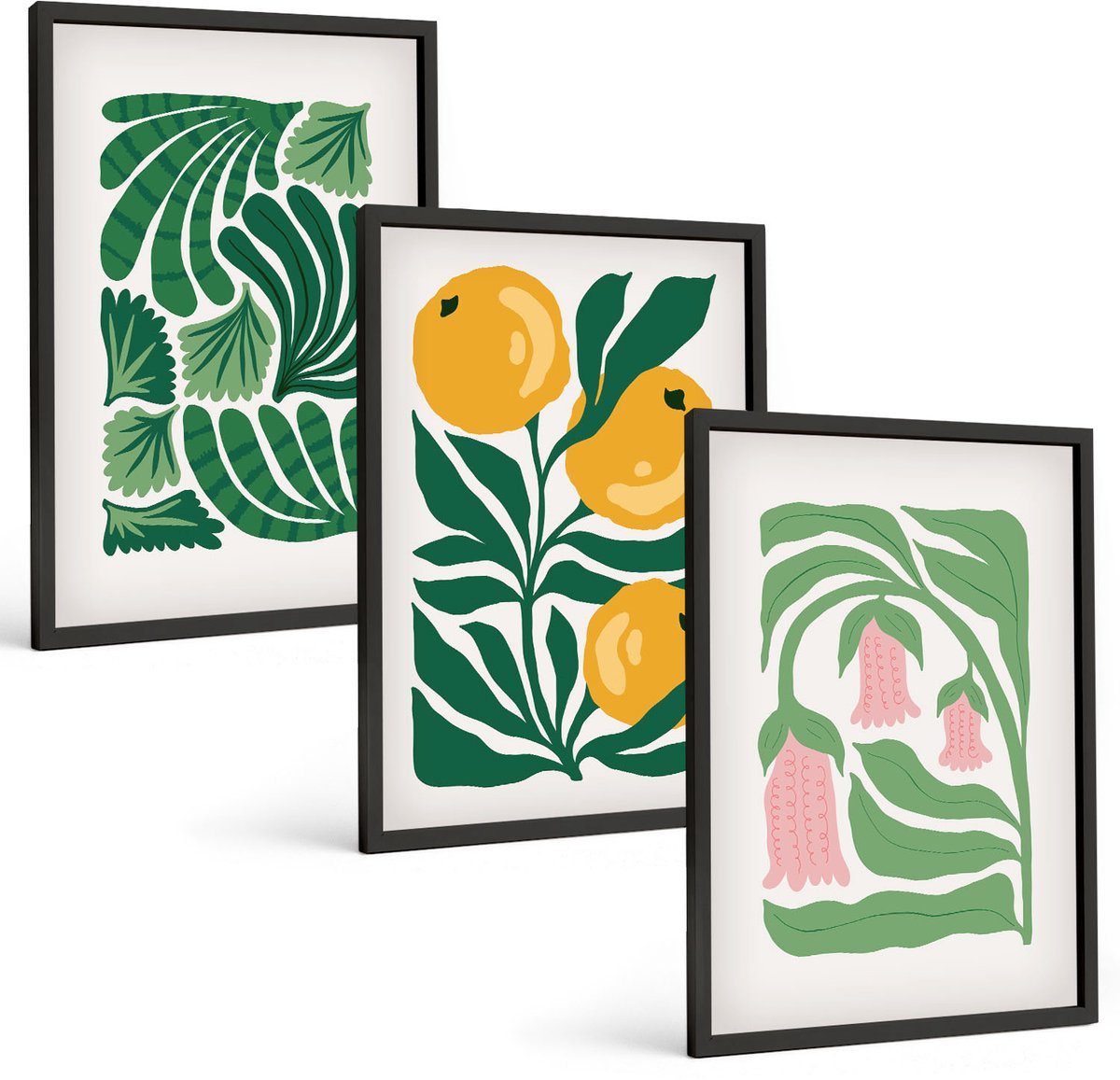 Coloray 3-Delige Schilderij Set - Minimalistische Plantpatronen Met Vruchten En Bladeren - 40 x 60 cm - Wanddecoratie - Schilderijen Set - Kantoor - Decoratieve Schilderijen