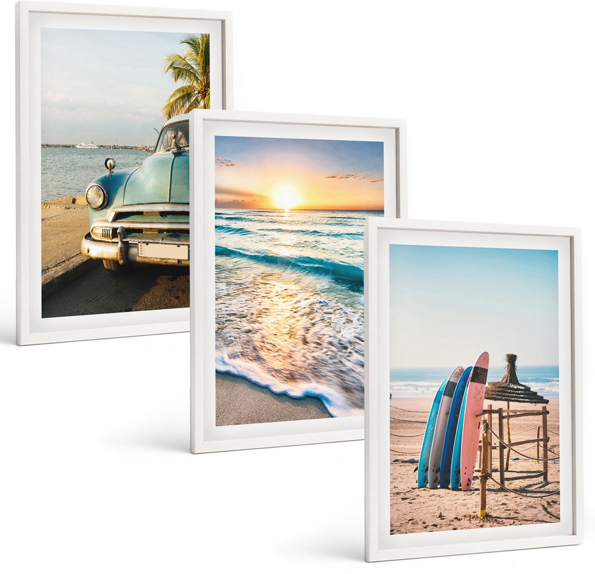 Coloray 3-Delige Schilderij Set - Vakantie In Miami Met Uitzicht Op De Zonsondergang En Zee - 40 x 60 - Muurdecoratie - Wanddecoratie - Slaapkamer