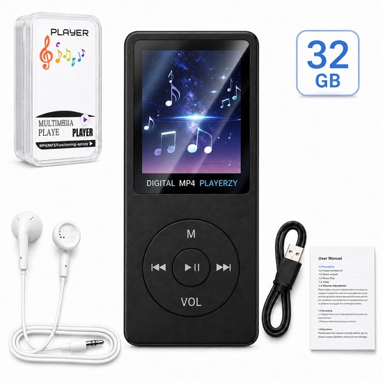Zwarte digitale MP4-speler met 32 GB geheugen, oordopjes, USB-kabel en handleiding.