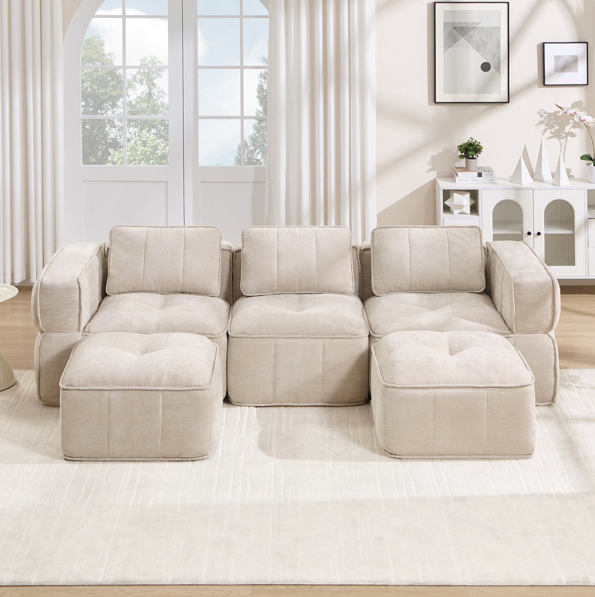 REDOM - U-bank - Modulair ontwerp - Zonder montage - Met 2 hockers - Voor woonkamer - Polyester - Beige - 271 x 162 x 67 cm