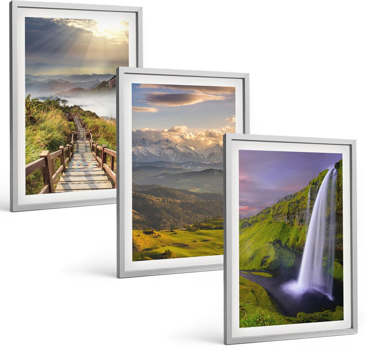 Coloray 3-Delige Schilderij Set - Schilderachtige Berglandschappen Met Een Waterval En Een Pad. - 40 x 60 cm - Stijlvolle Muurdecoratie - Kantoor - Decoratieve Schilderijen