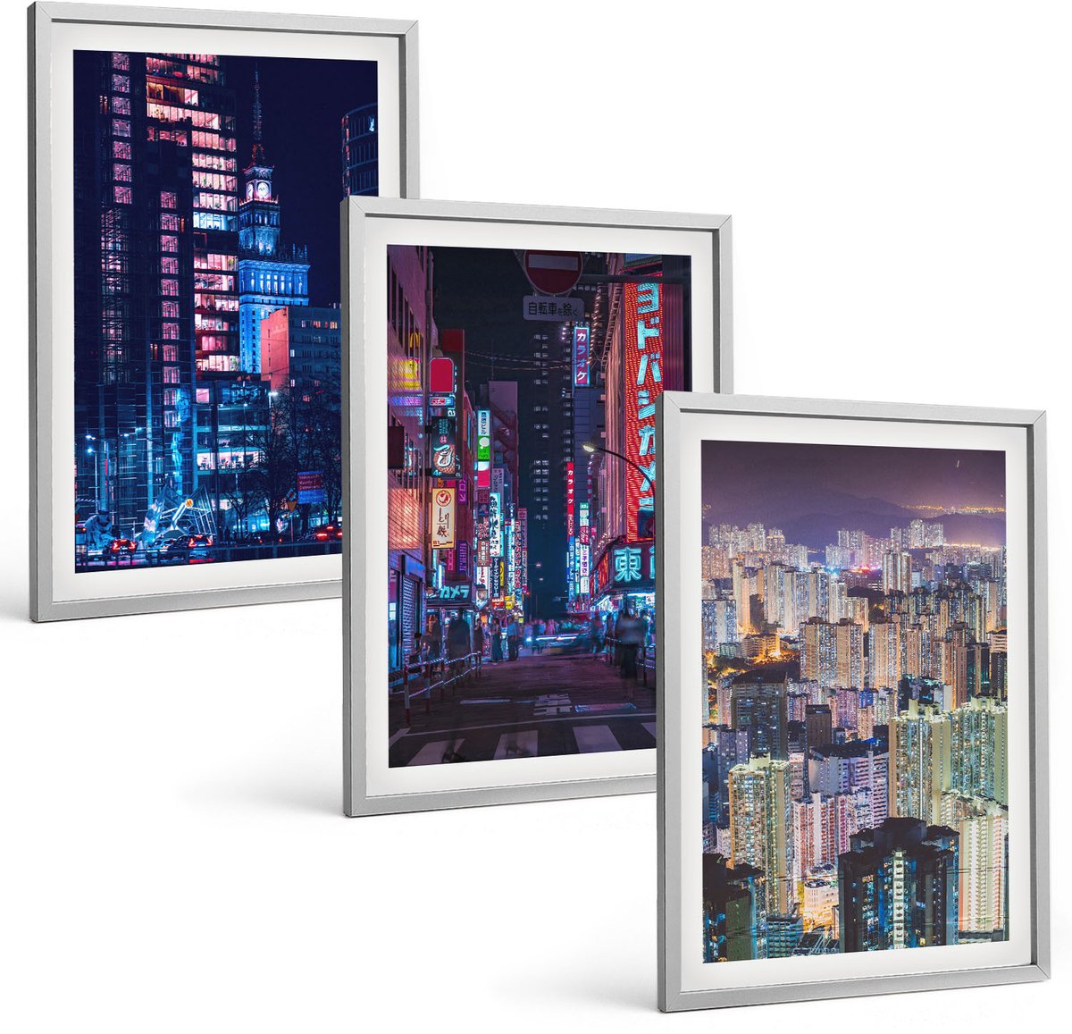 Coloray 3-Delige Schilderij Set - Nachtelijke Stadsgezichten Met Neonlichten - 40 x 60 cm - Wanddecoratie - Muurdecoratie - Woonkamer