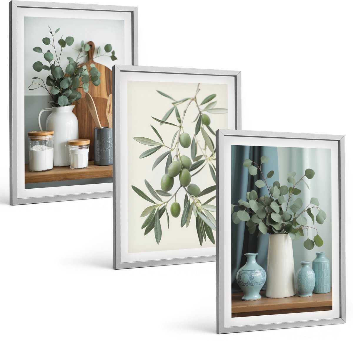 Coloray 3-Delige Schilderij Set - Esthetisch Aantrekkelijke Combinatie Van Groene Olijven En Eucalyptustakken - 40 x 60 cm - Decoratieve Muurdecoratie - Slaapkamer - Wanddecoratie